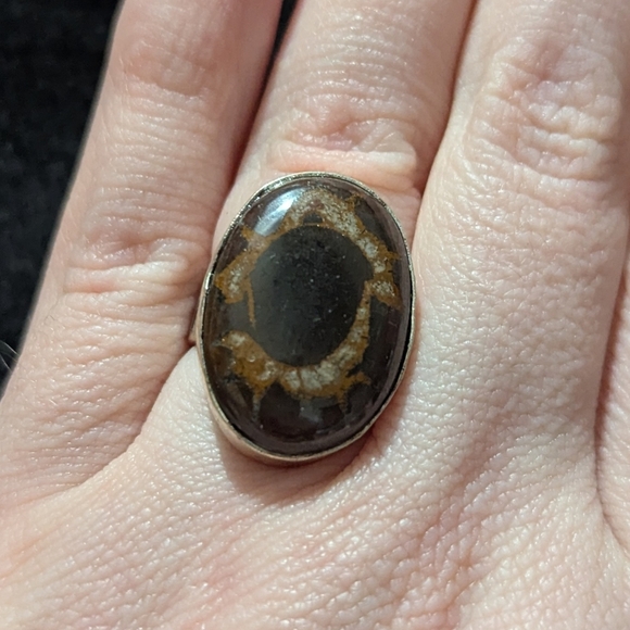 Hand Crafted Jewelry - Sterling Silver Brown Septarian Gemstone Oval Statement Ring - Size 6